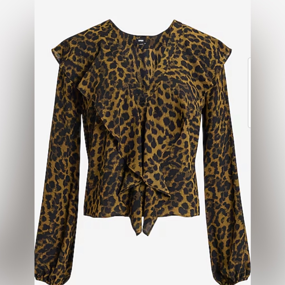 Leopard Print Top with Ruffles, Long Sleeve, Small